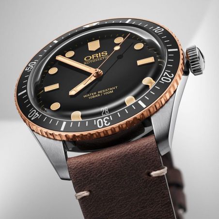 Montre Oris Divers Sixty-Five 40mm Bronze Bezel Black Dark Brown Leather
