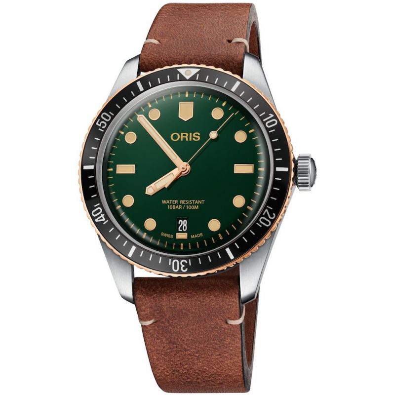 Divers Sixty-Five 40mm Bronze Bezel Green/Light Brown Leather - Oris