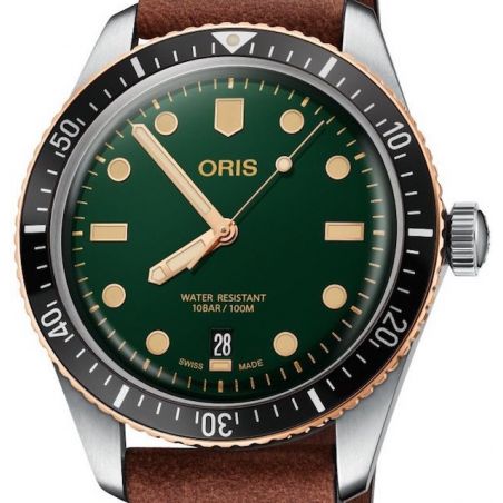 Divers Sixty-Five 40mm Bronze Bezel Green/Light Brown Leather - Oris