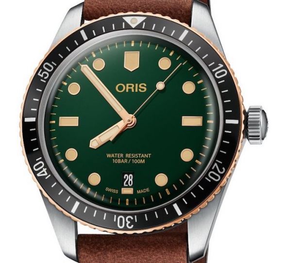Montre Oris Divers Sixty-Five 40mm Bronze Bezel Green Light Brown Leather