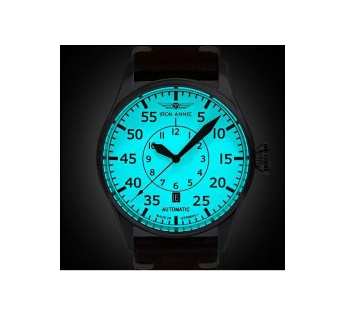 Montre Automatique Homme Iron Annie Flight Control - Cadran Noir, Bracelet Cuir Marron