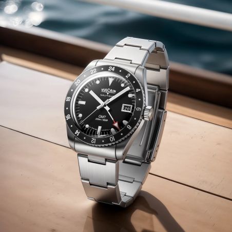 Montre Vulcain Skindiver Nautique GMT Black Luminova Beige