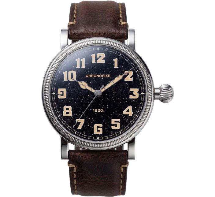 Montre Chronofixe 1930 Black Aventurine | Dark Brown Leather